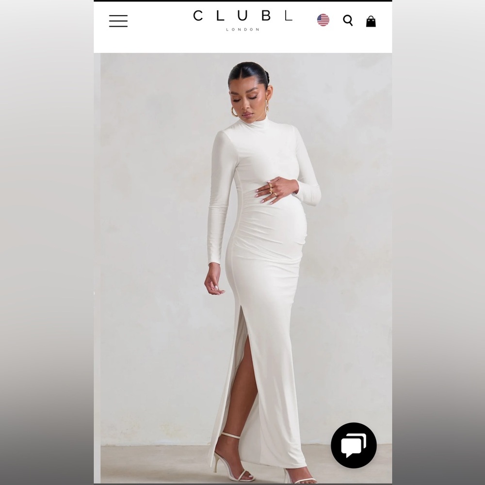 Club London white maternity long sleeve high neck dress with slit. Zipper back